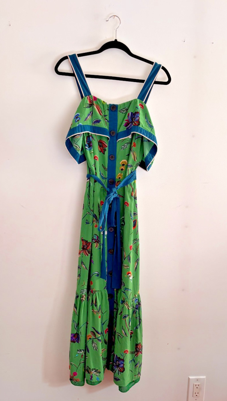 Green Floral Maxi Dress Silk Ruffle Fits 6 Womens Size 0 Resort Wedding